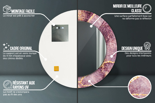 Miroir rond cadre avec impression Marbre avec l'ajout d'or