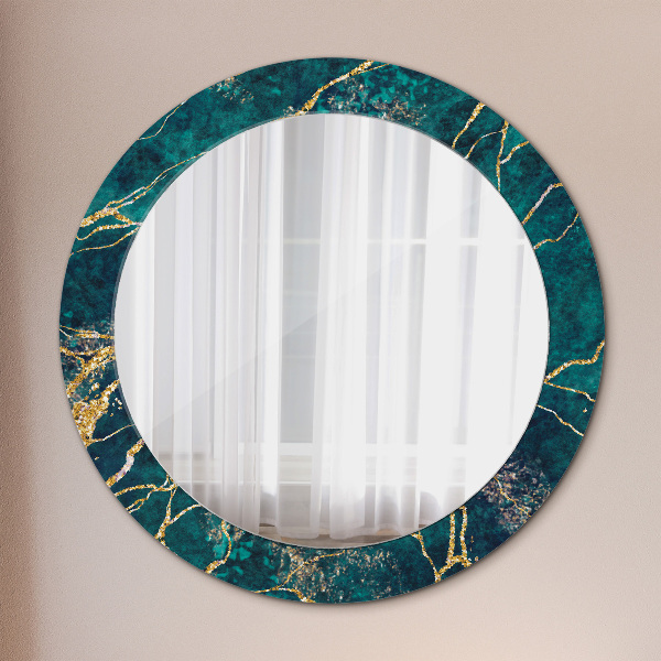 Miroir rond cadre avec impression Marbre de malachite vert