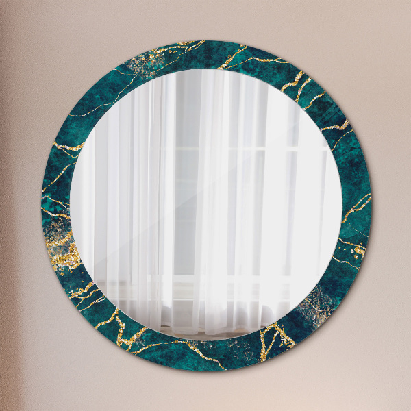 Miroir rond cadre avec impression Marbre de malachite vert