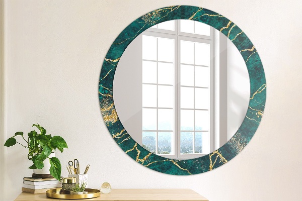 Miroir rond cadre avec impression Marbre de malachite vert