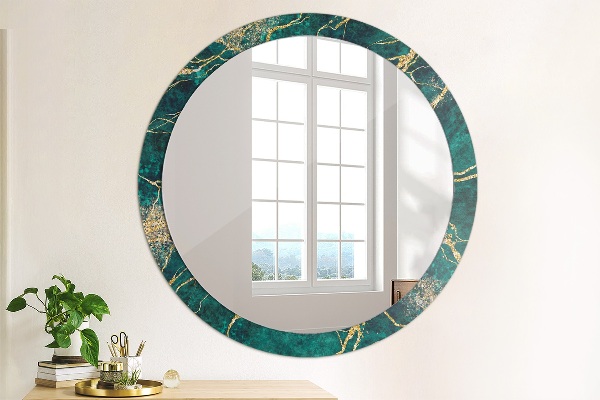 Miroir rond cadre avec impression Marbre de malachite vert