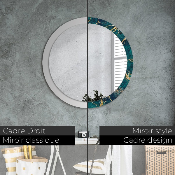 Miroir rond cadre avec impression Marbre de malachite vert