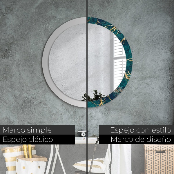 Miroir rond cadre avec impression Marbre de malachite vert