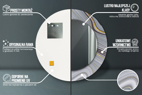 Miroir rond cadre avec impression Marbre gris