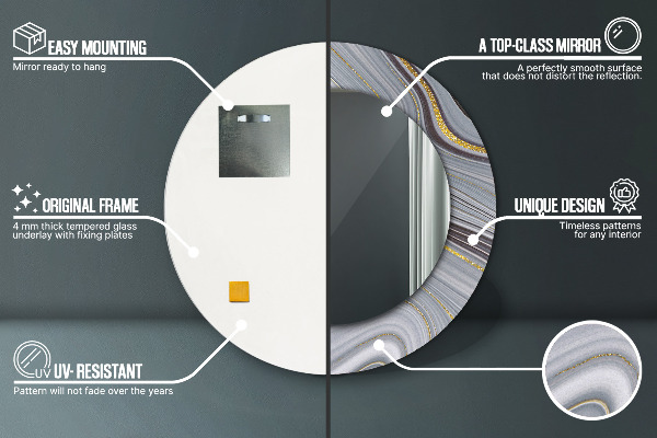 Miroir rond cadre avec impression Marbre gris