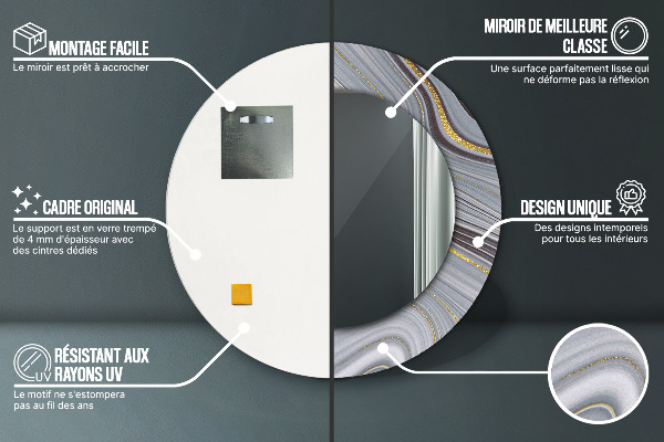 Miroir rond cadre avec impression Marbre gris