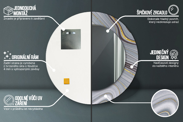Miroir rond cadre avec impression Marbre gris