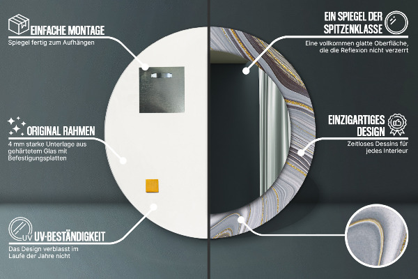 Miroir rond cadre avec impression Marbre gris