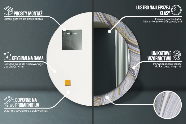 Miroir rond cadre avec impression Marbre gris