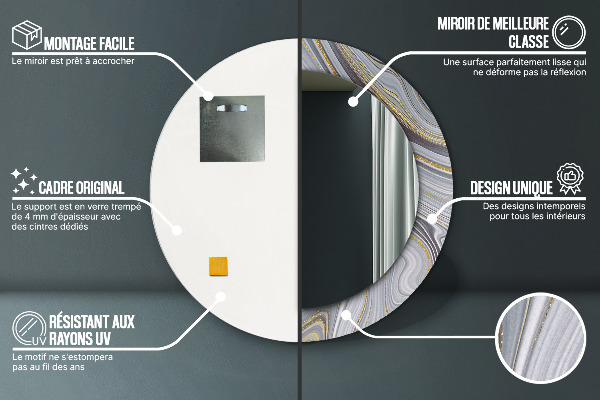 Miroir rond cadre avec impression Marbre gris