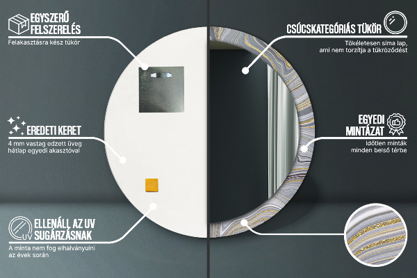 Miroir rond cadre avec impression Marbre gris