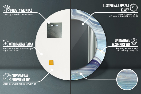 Miroir rond cadre avec impression Marbre bleu