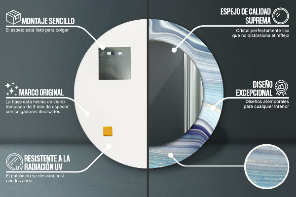 Miroir rond cadre avec impression Marbre bleu