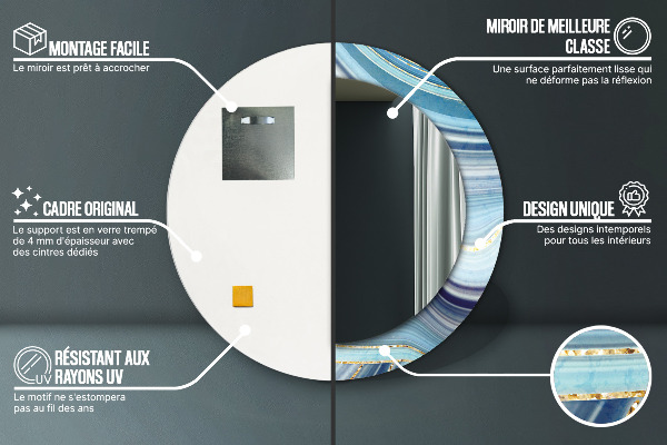 Miroir rond cadre avec impression Marbre bleu