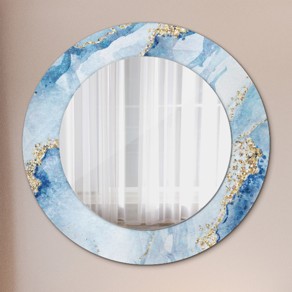 Miroir rond cadre avec impression Or marbre bleu
