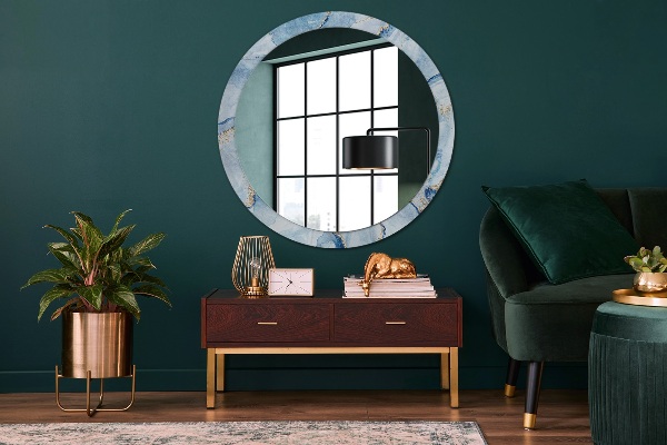 Miroir rond cadre avec impression Or marbre bleu