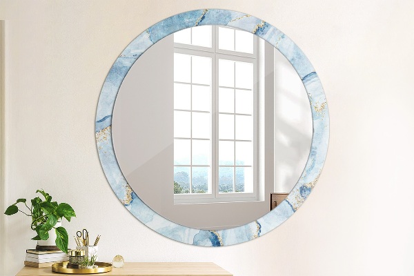 Miroir rond cadre avec impression Or marbre bleu