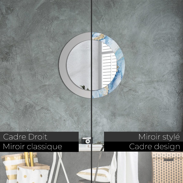 Miroir rond cadre avec impression Or marbre bleu