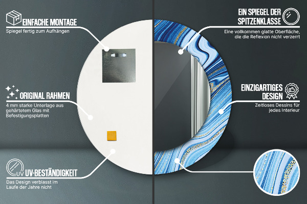 Miroir rond cadre avec impression Marbre bleu