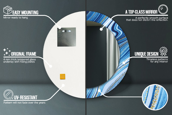 Miroir rond cadre avec impression Marbre bleu