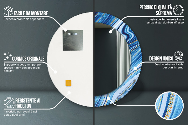 Miroir rond cadre avec impression Marbre bleu