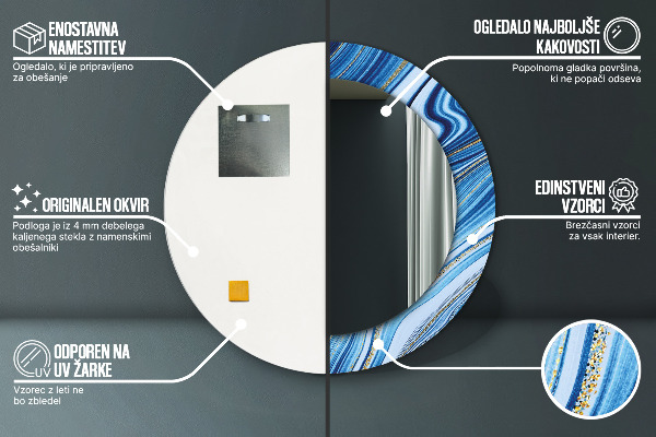 Miroir rond cadre avec impression Marbre bleu