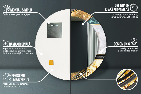 Miroir rond cadre avec impression Marbre agat et or
