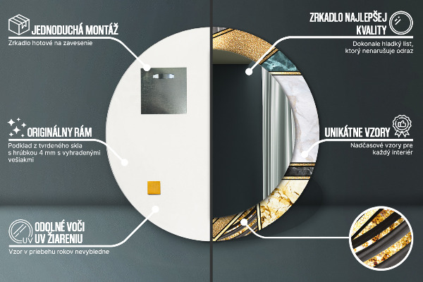 Miroir rond cadre avec impression Marbre agat et or