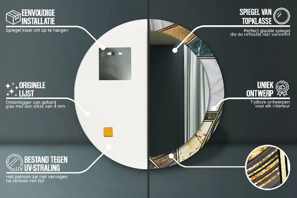 Miroir rond cadre avec impression Marbre agat et or