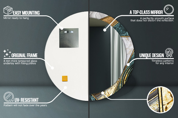 Miroir rond cadre avec impression Marbre agat et or