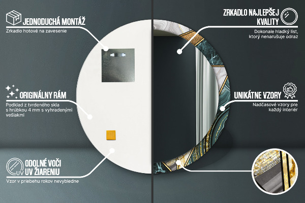 Miroir rond cadre avec impression Marbre agat et or