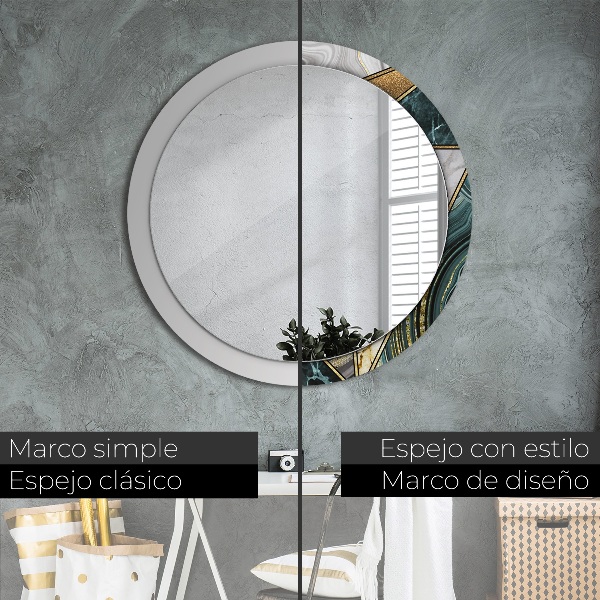 Miroir rond cadre avec impression Marbre agat et or