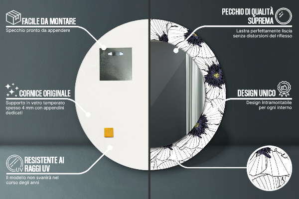 Miroir rond imprimé Composition de fleurs linéaires