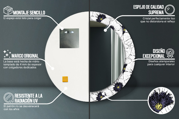 Miroir rond imprimé Composition de fleurs linéaires