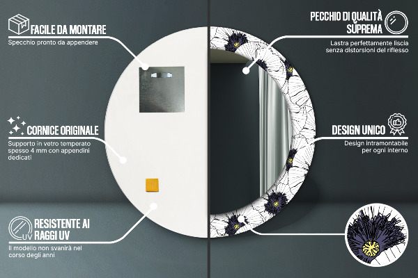 Miroir rond imprimé Composition de fleurs linéaires