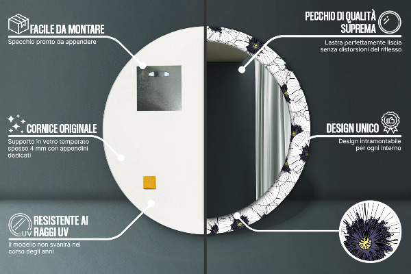 Miroir rond imprimé Composition de fleurs linéaires