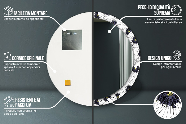 Miroir rond imprimé Composition de fleurs linéaires