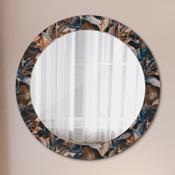 Miroir rond cadre avec impression Feuilles tropicales sombres