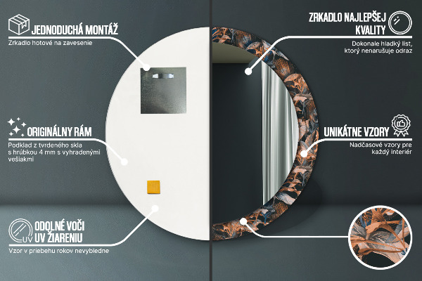 Miroir rond cadre avec impression Feuilles tropicales sombres