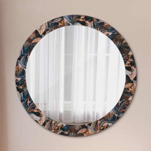 Miroir rond cadre avec impression Feuilles tropicales sombres