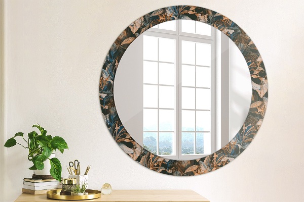 Miroir rond cadre avec impression Feuilles tropicales sombres