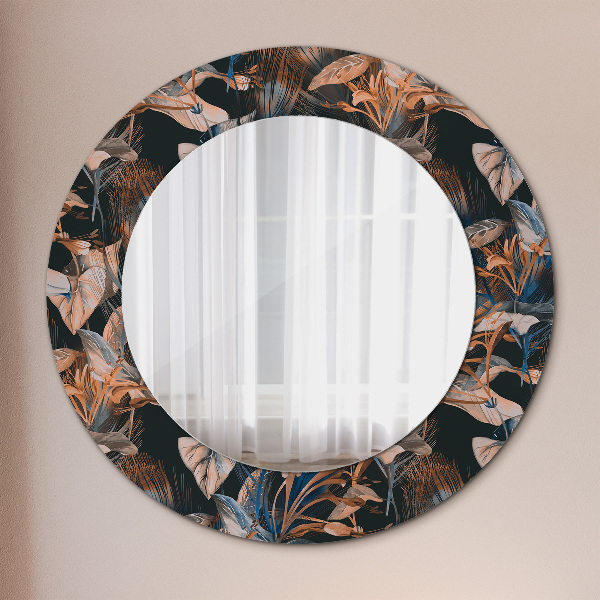 Miroir rond cadre avec impression Feuilles tropicales sombres