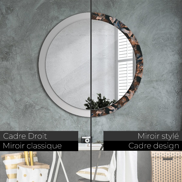 Miroir rond cadre avec impression Feuilles tropicales sombres