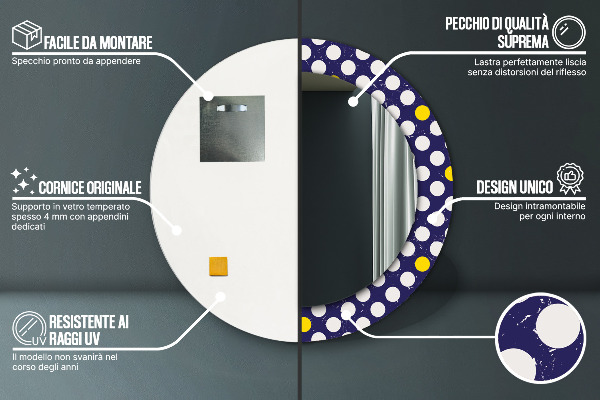 Miroir rond cadre avec impression Points rétro