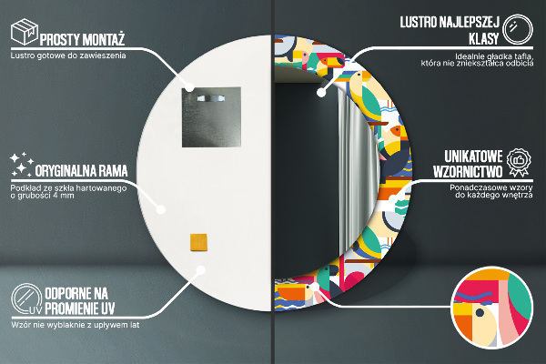 Miroir rond cadre avec impression Oiseaux tropicaux géométriques