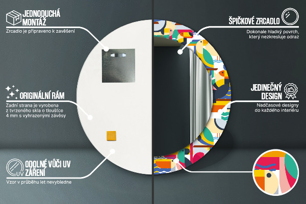 Miroir rond cadre avec impression Oiseaux tropicaux géométriques