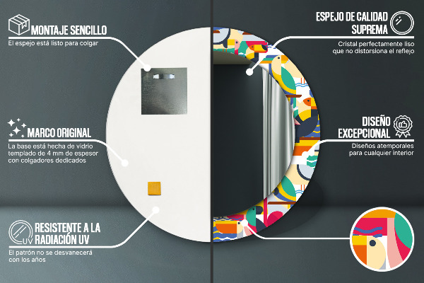 Miroir rond cadre avec impression Oiseaux tropicaux géométriques