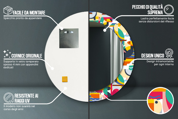 Miroir rond cadre avec impression Oiseaux tropicaux géométriques