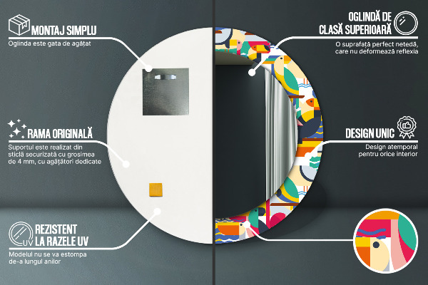 Miroir rond cadre avec impression Oiseaux tropicaux géométriques