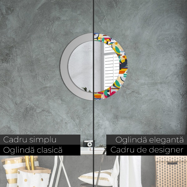 Miroir rond cadre avec impression Oiseaux tropicaux géométriques